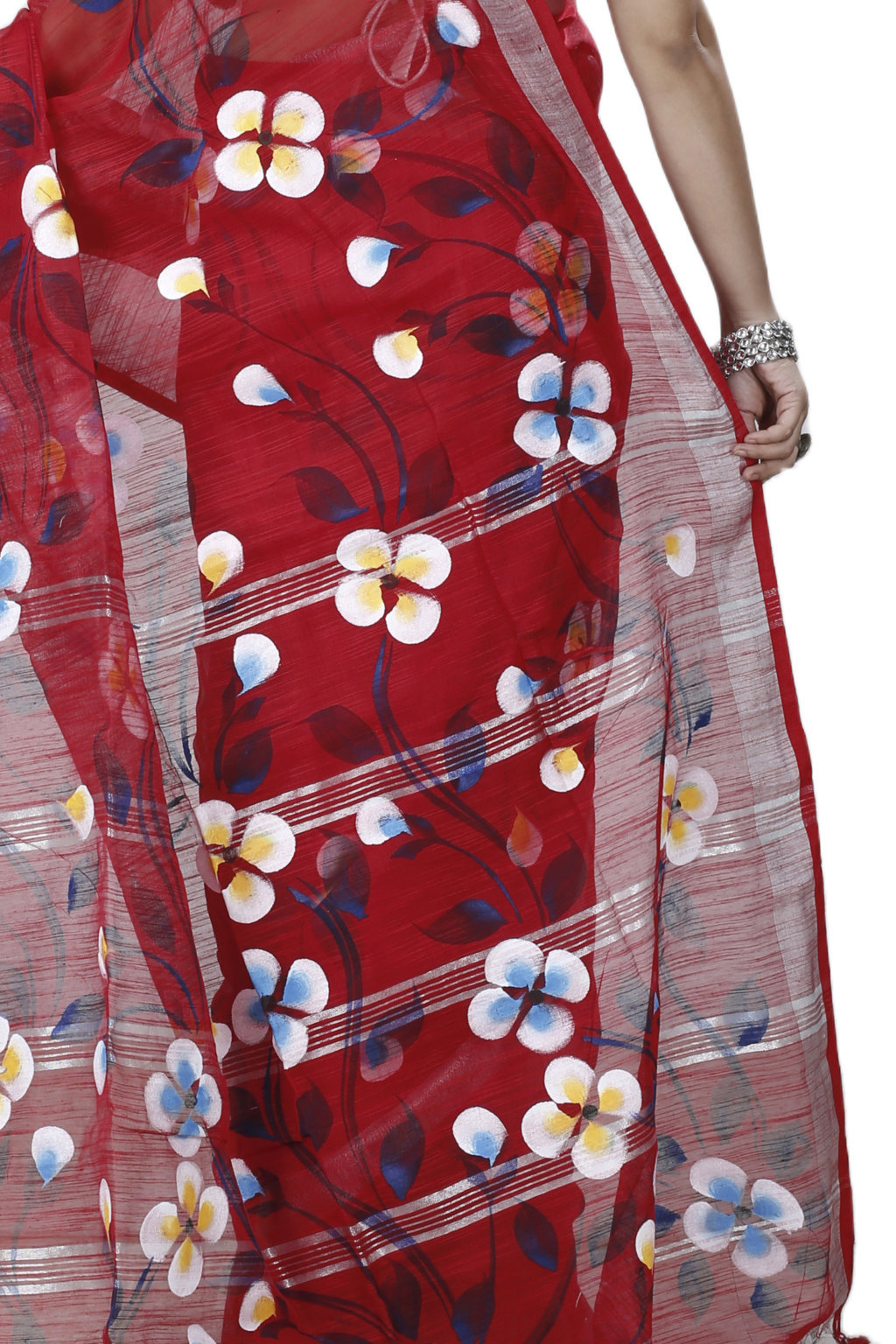 Red Blended Cotton Tonika Hand Painted Saree (1220)